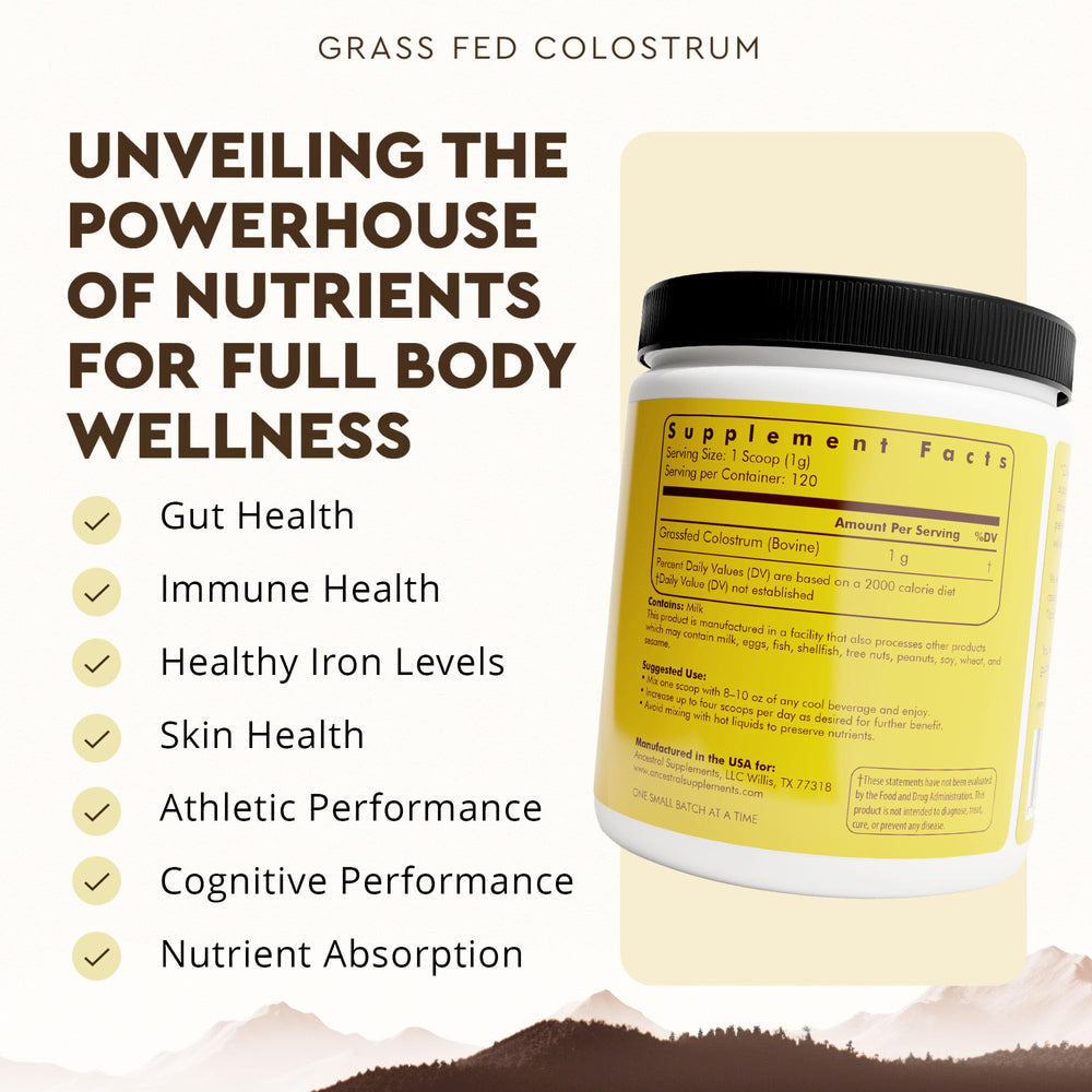 Ancestral Supplements Bovine Colostrum Powder scoop illustrating portion control for daily use