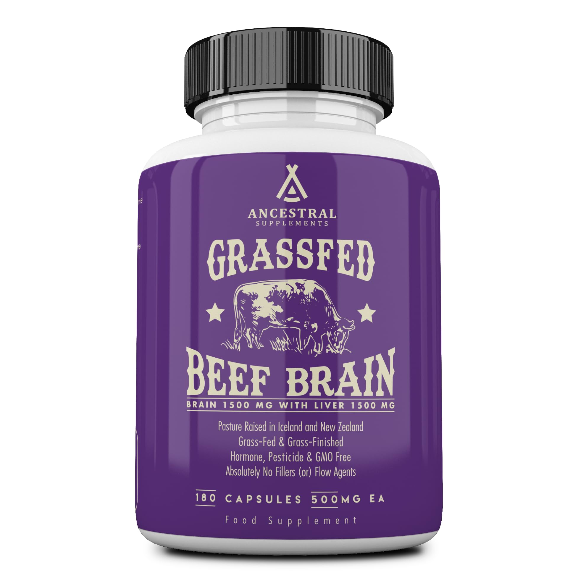 Ancestral Supplements Brain and Liver capsules bottle on a wooden surface for daily brain support.