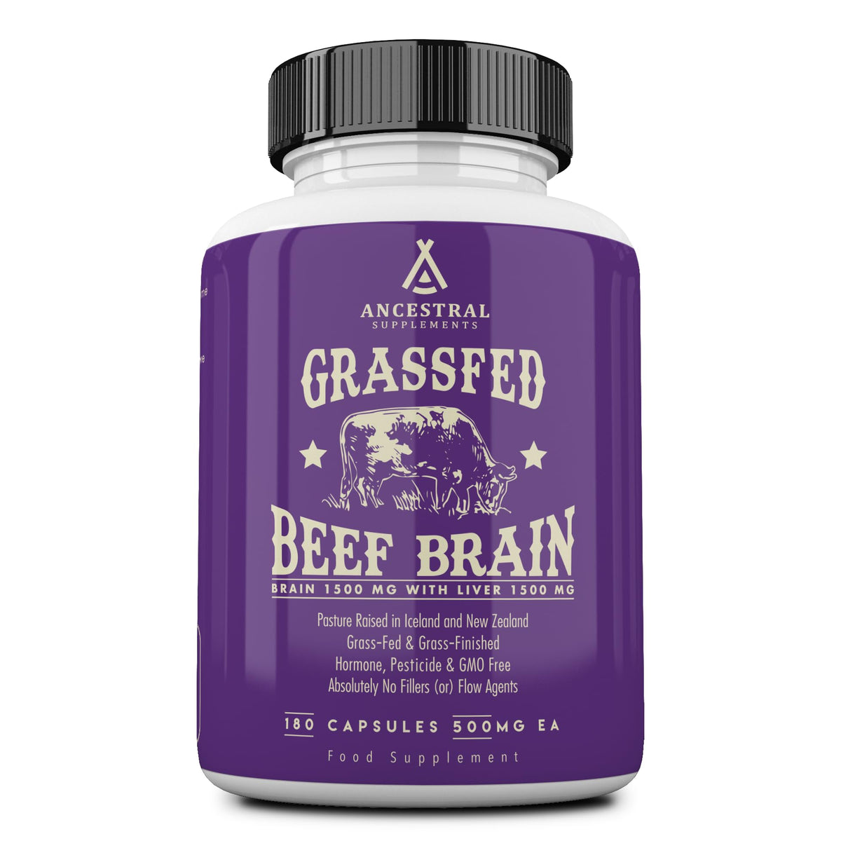 Ancestral Supplements Brain and Liver capsules bottle on a wooden surface for daily brain support.