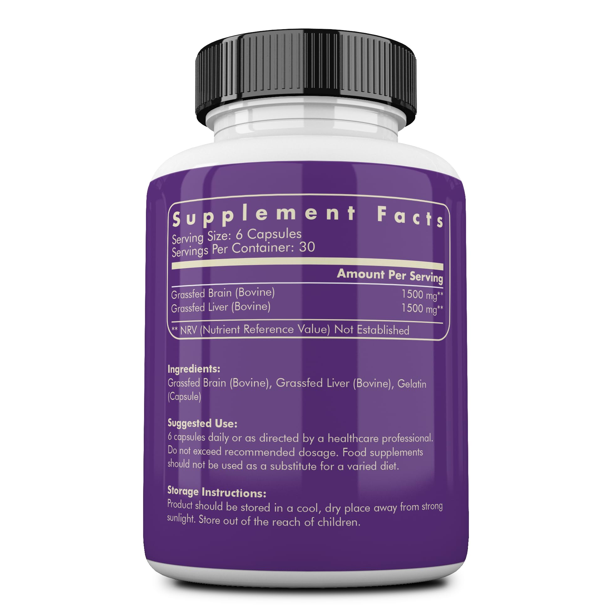 Ancestral Supplements bottle label close up highlighting grass fed beef ingredients for memory support.
