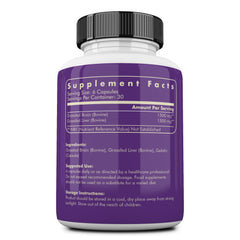 Ancestral Supplements bottle label close up highlighting grass fed beef ingredients for memory support.