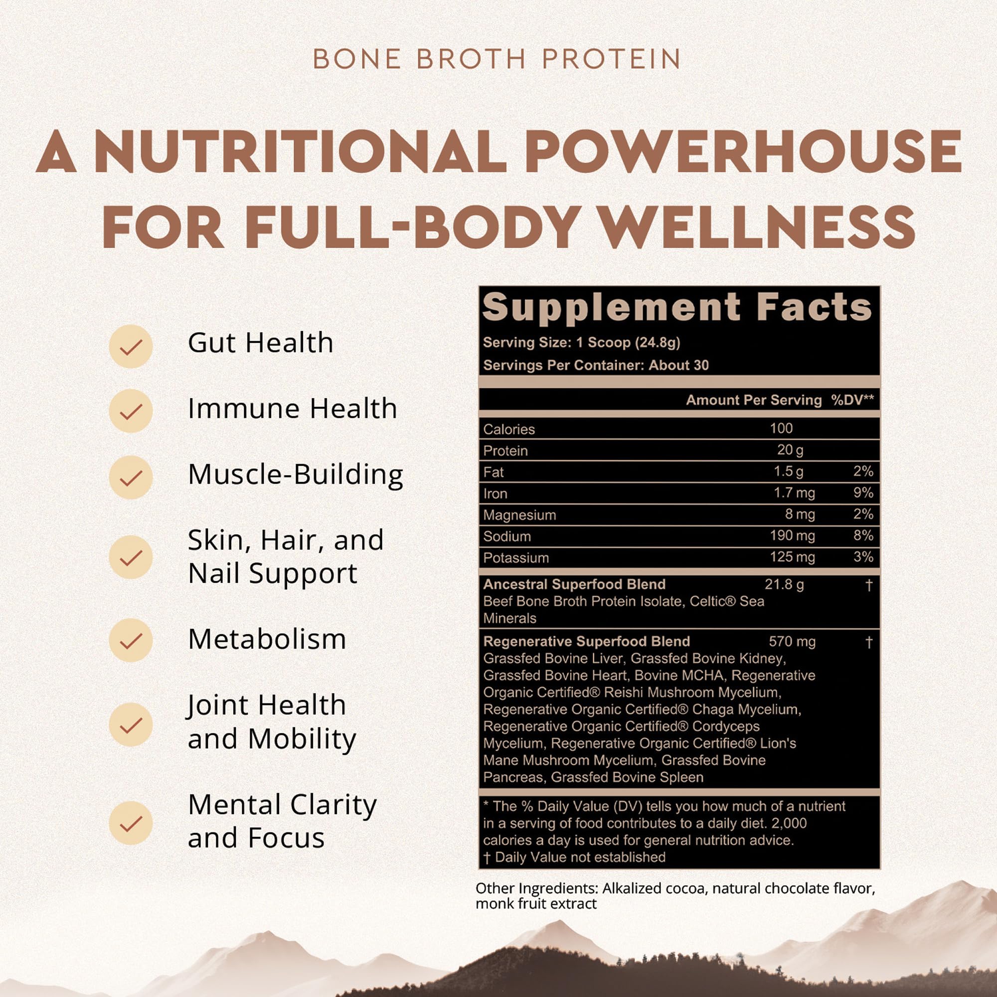 Ancestral Supplements chocolate protein powder stirred into smoothie for daily protein