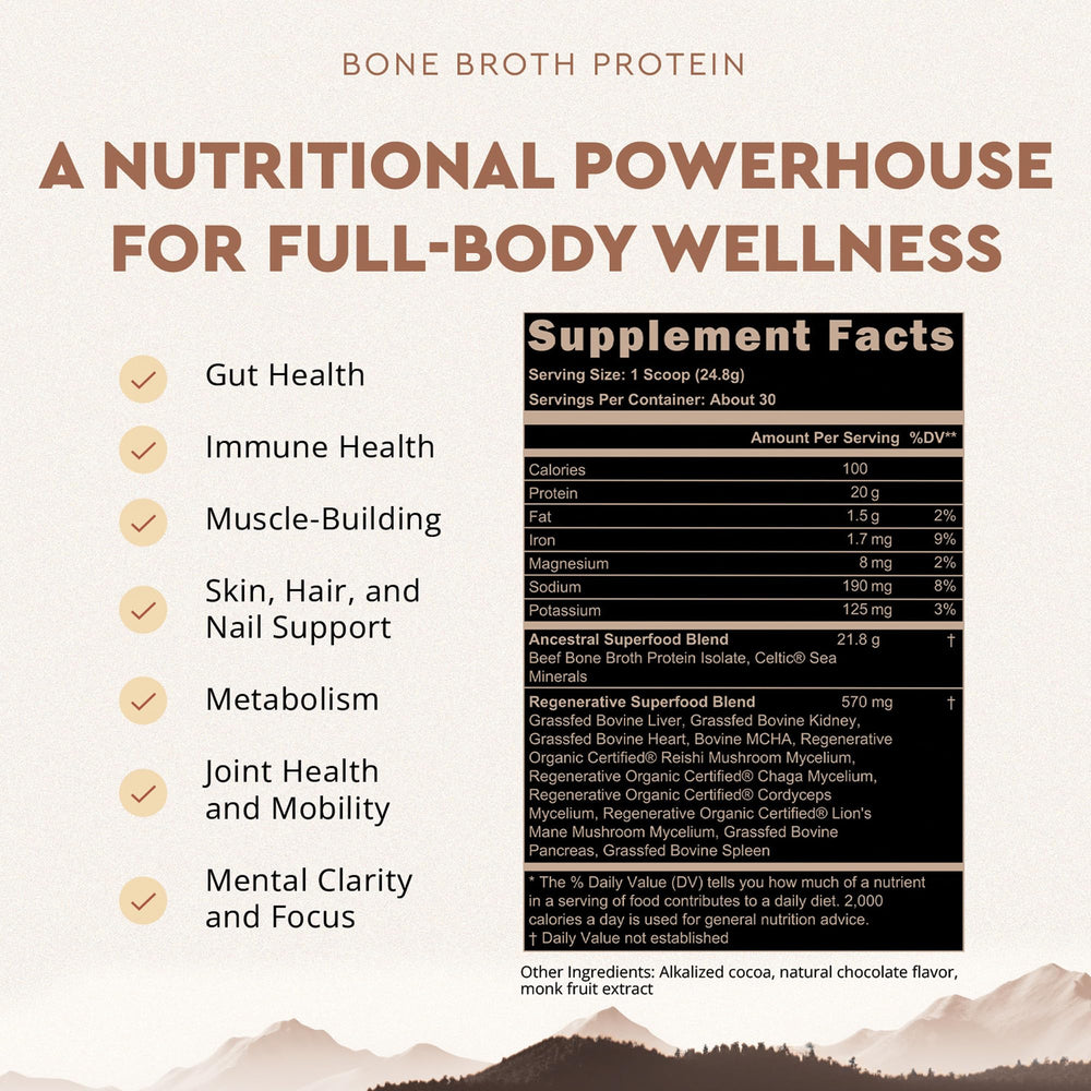 Ancestral Supplements chocolate protein powder stirred into smoothie for daily protein