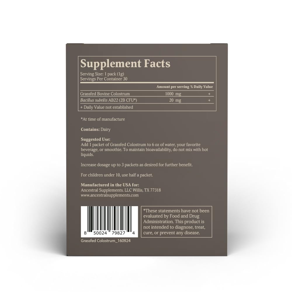 Ancestral Supplements colostrum powder measuring spoon highlights easy portion control.