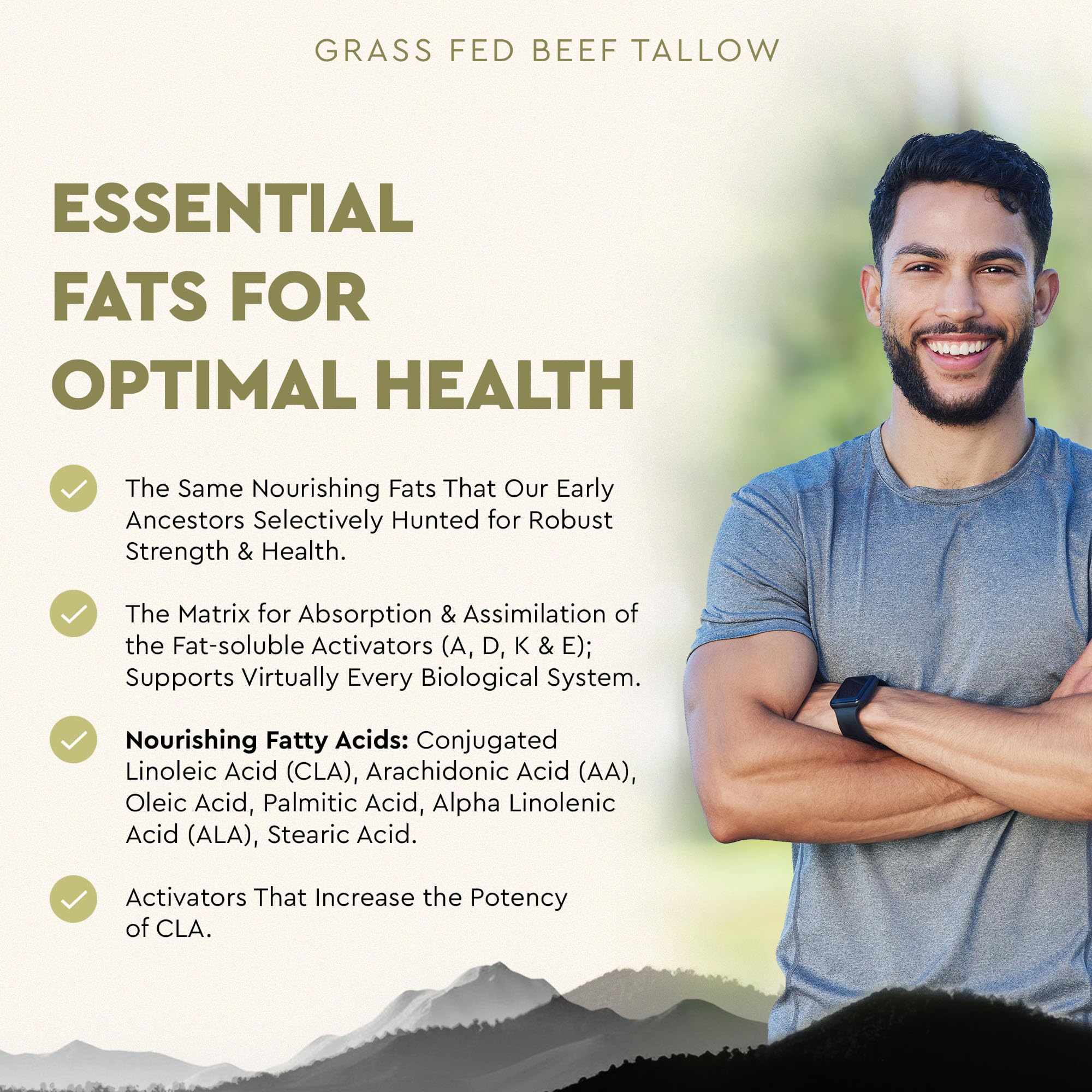 Ancestral Supplements Fatty Acids image features CLA, oleic and palmitic acids