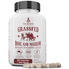 Ancestral Supplements grass-fed beef bone marrow bottle emphasizes premium, whole-food nutrition.