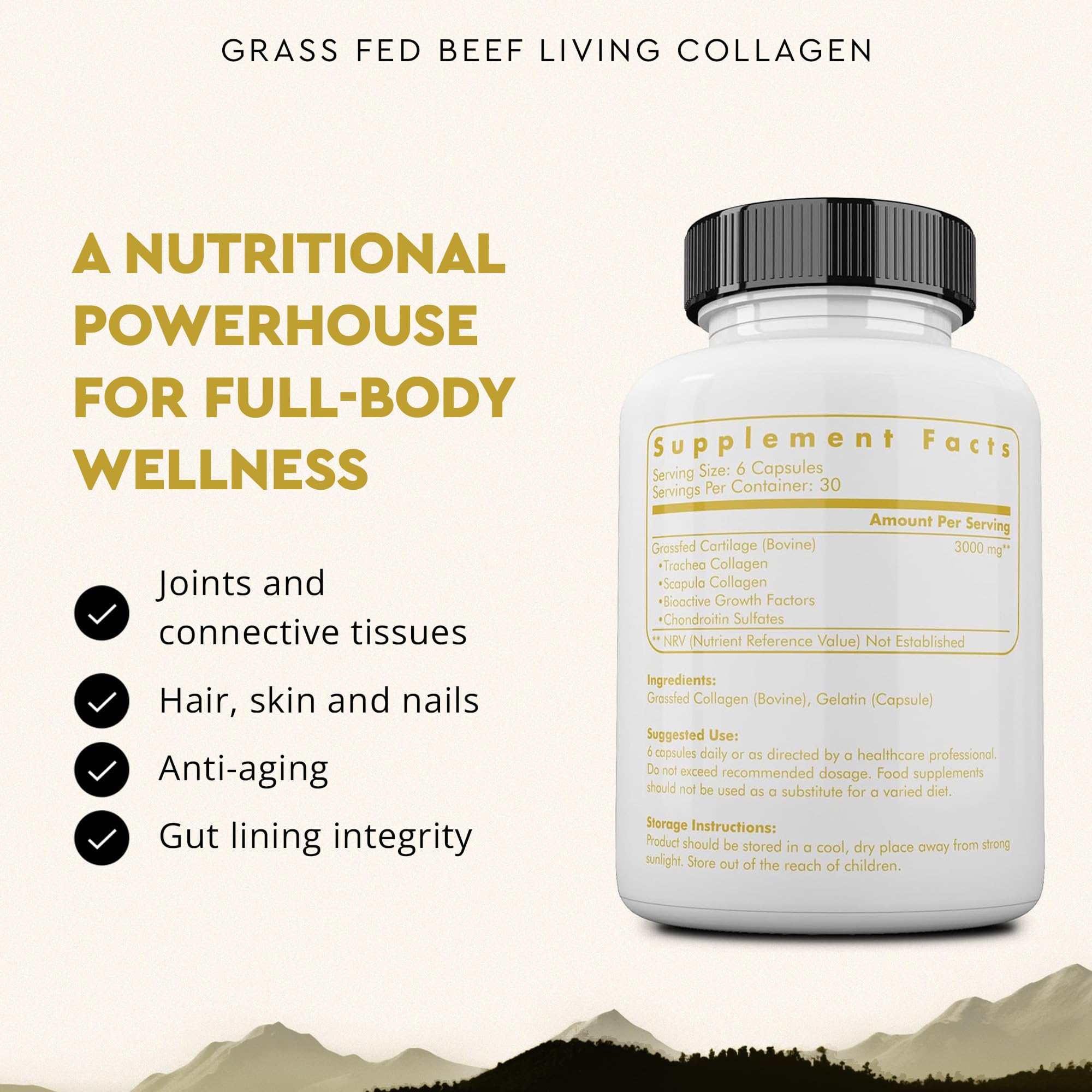Close-up of Ancestral Supplements grass-fed beef cartilage capsules for daily skin and joint support