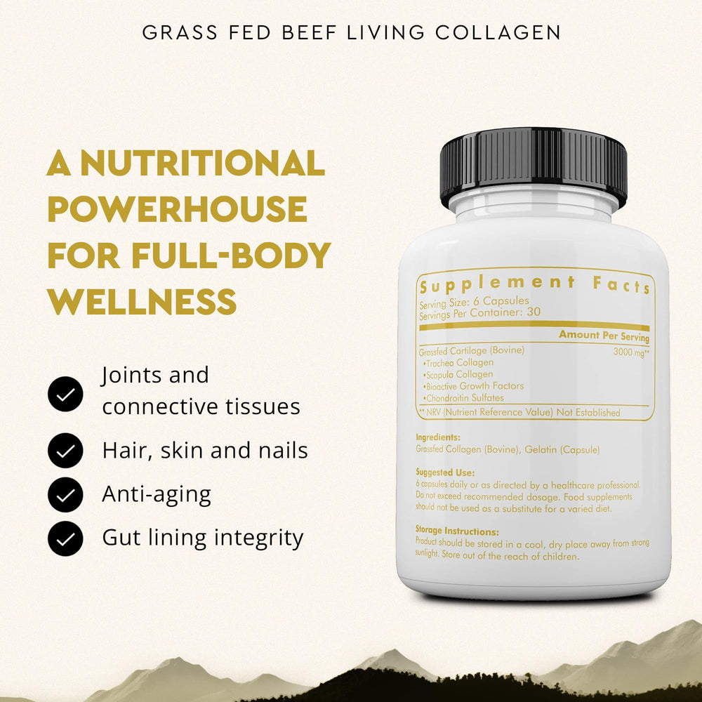 Close-up of Ancestral Supplements grass-fed beef cartilage capsules for daily skin and joint support
