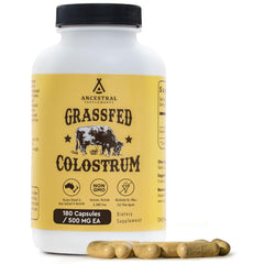 Ancestral Supplements grass-fed beef colostrum bottle for daily immune support and gut health.