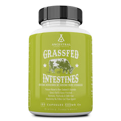 Ancestral Supplements bottle of grass-fed beef intestines highlighting digestive wellness support.