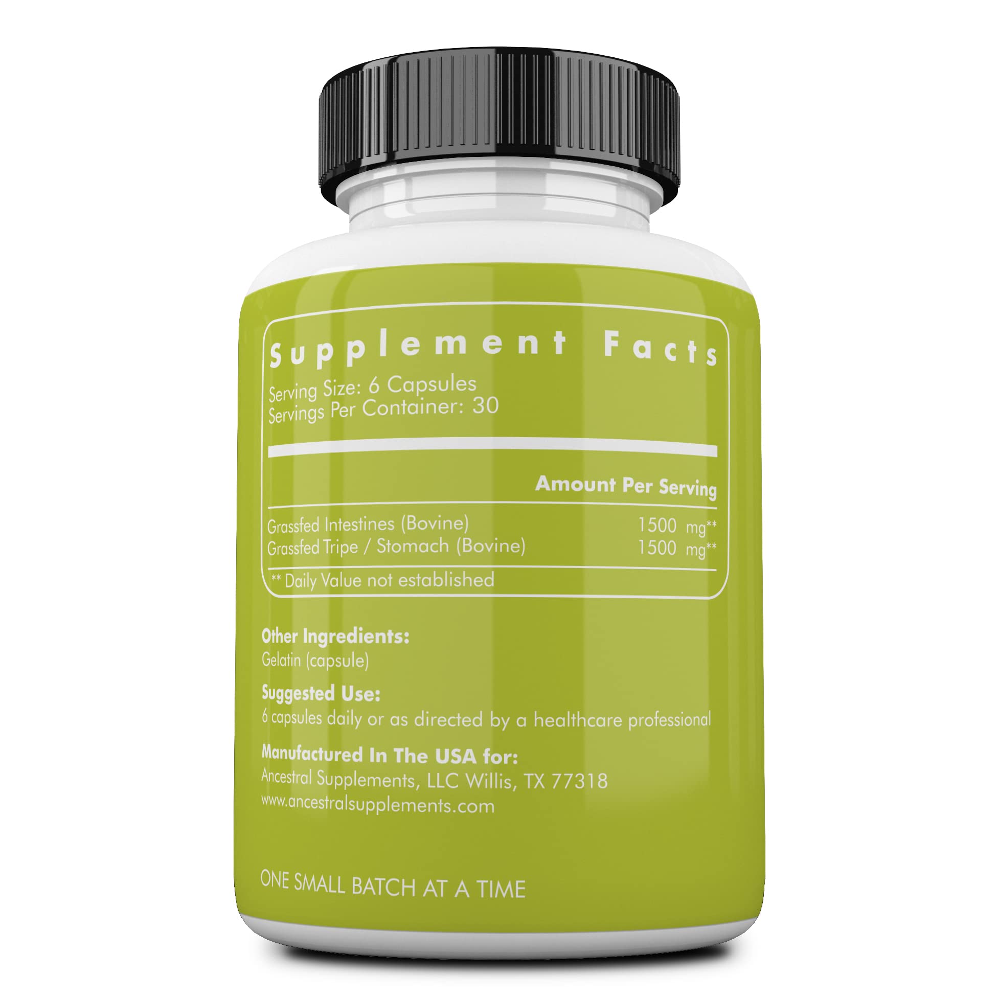 Ancestral Supplements tripe capsules closeup emphasizing gut tissue nutrients for digestion.