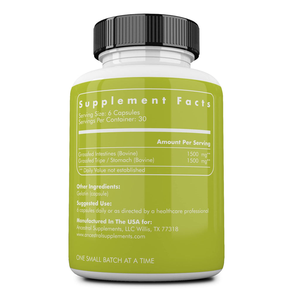 Ancestral Supplements tripe capsules closeup emphasizing gut tissue nutrients for digestion.