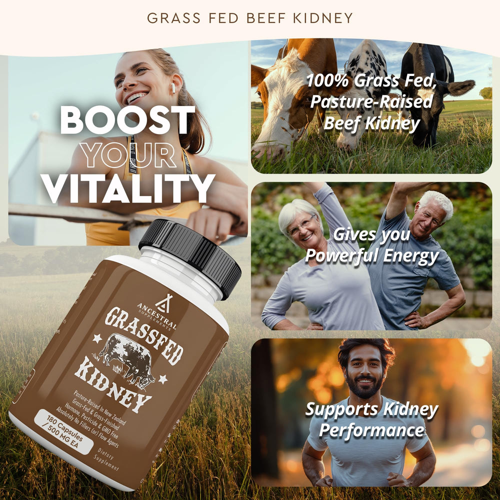 Ancestral Supplements grass-fed beef kidney bottle demonstrates purity and sourcing.