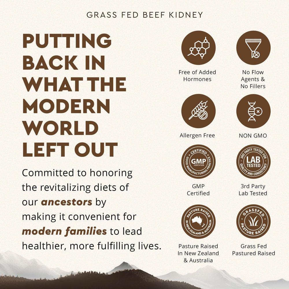 Ancestral Supplements grass-fed beef kidney packaging image shows batch-controlled production.
