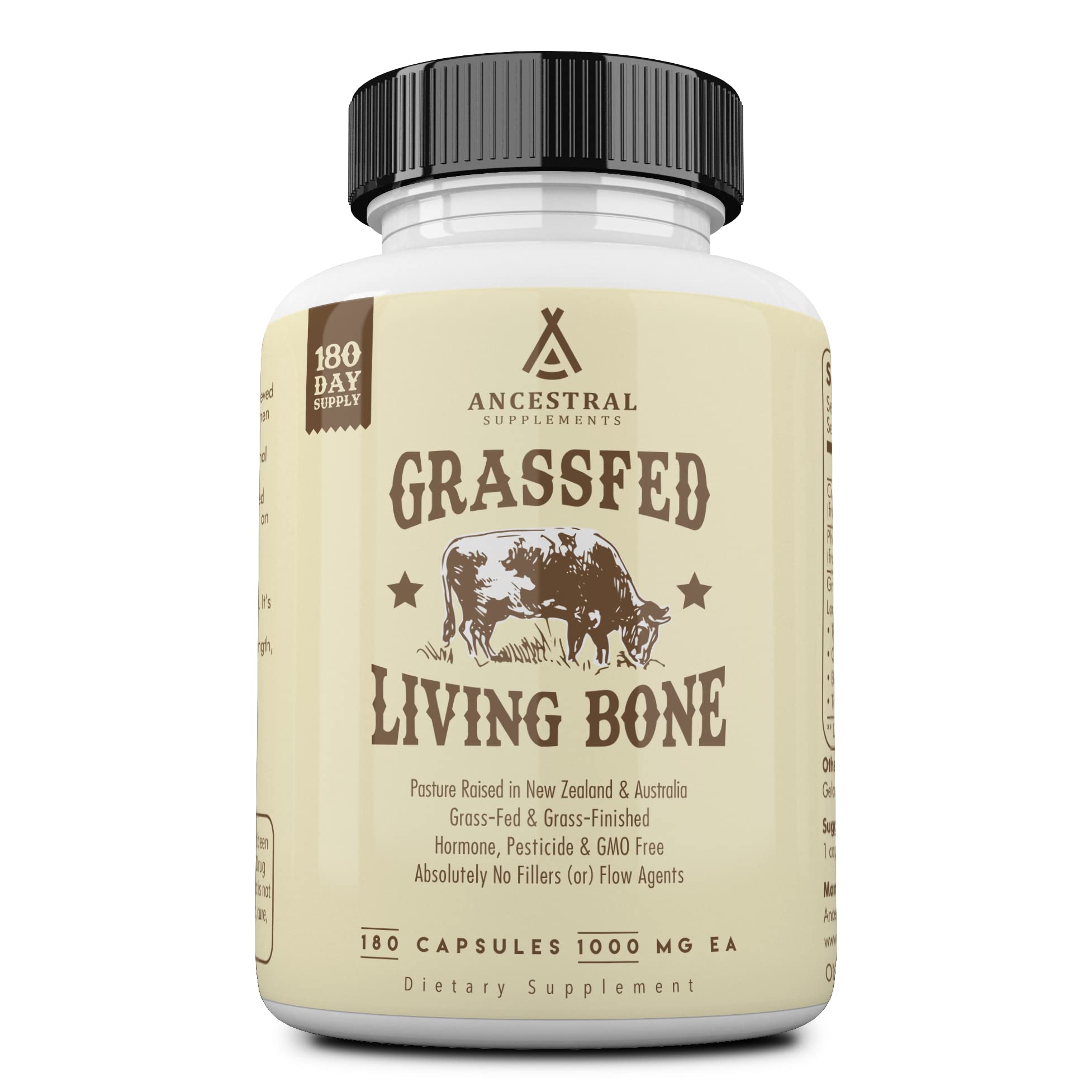 Ancestral Supplements bone health bottle showing grass-fed beef living bone supplement.