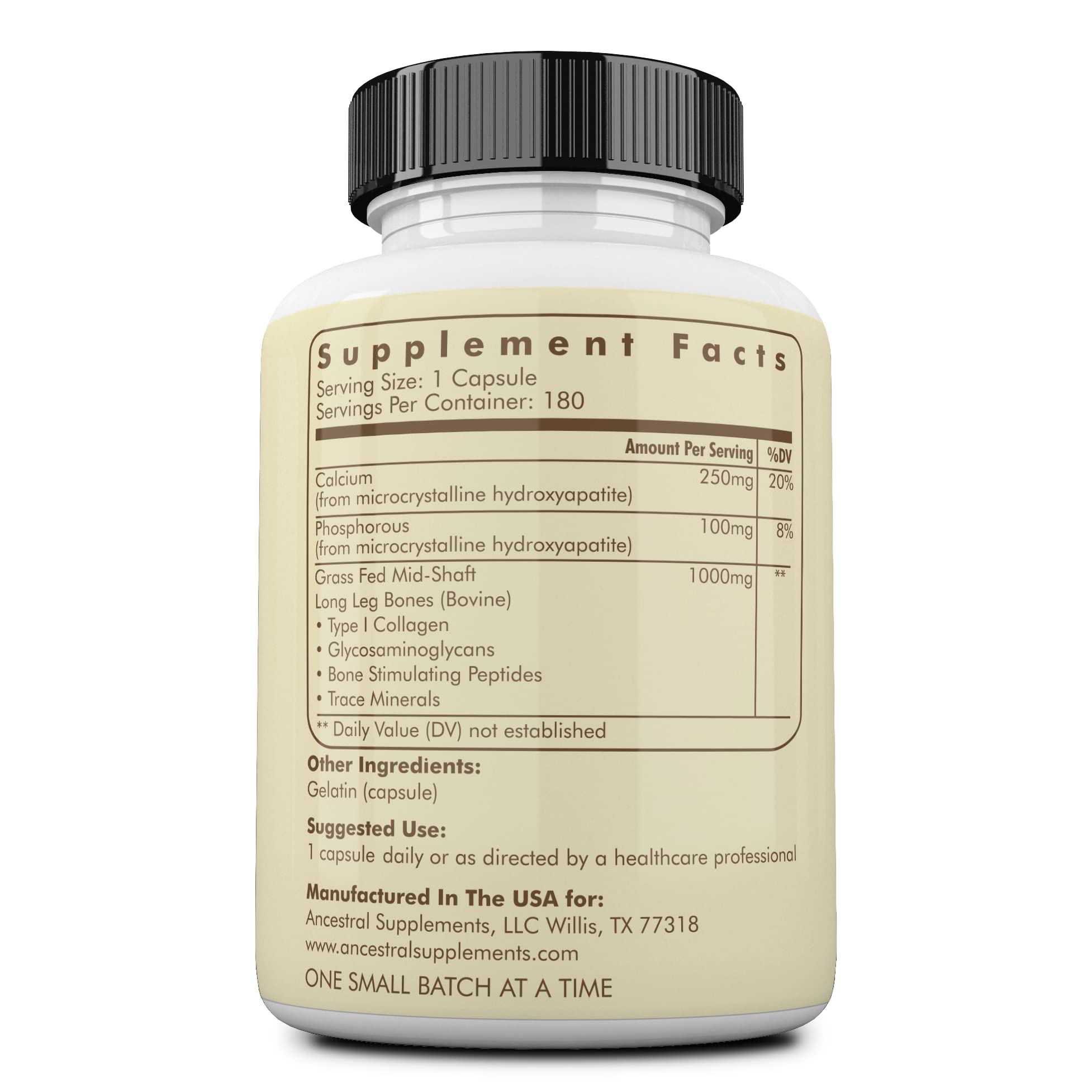Ancestral Supplements beef living bone capsules for joint and bone support.