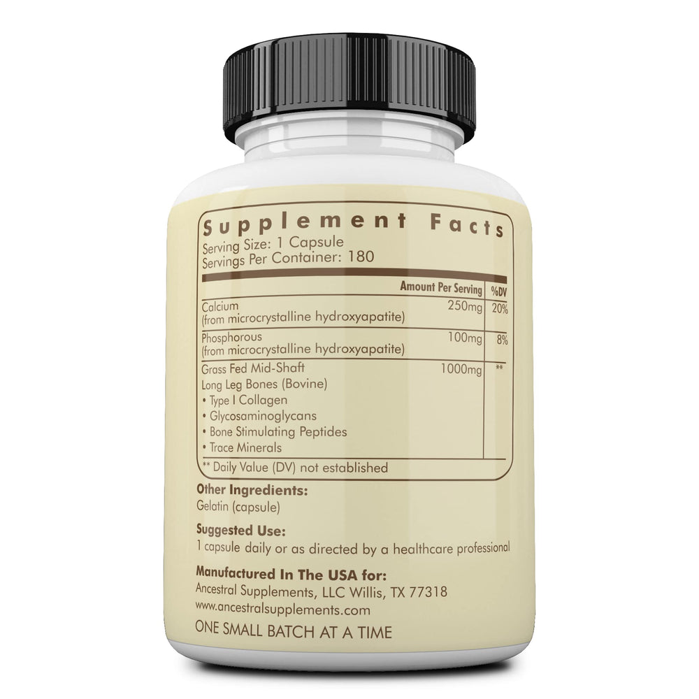 Ancestral Supplements beef living bone capsules for joint and bone support.