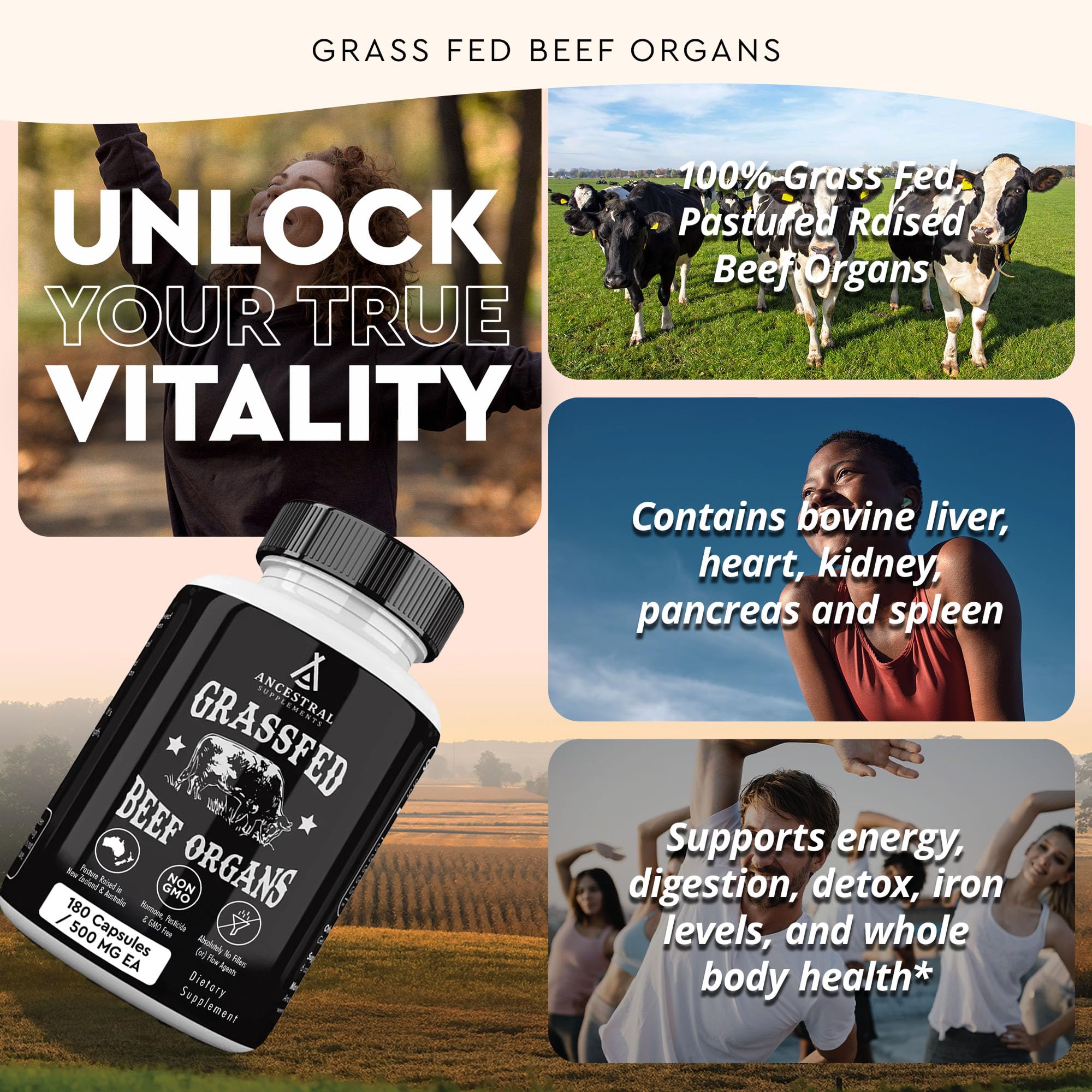 Ancestral Supplements grass-fed heart bottle front emphasizing CoQ10-rich formula