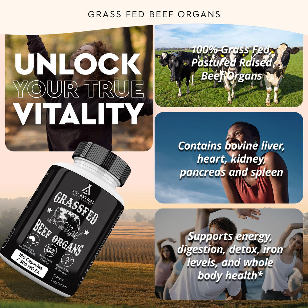 Ancestral Supplements grass-fed heart bottle front emphasizing CoQ10-rich formula