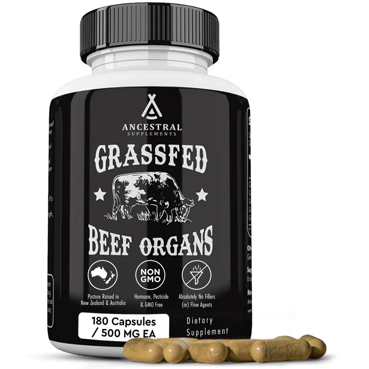 Ancestral Supplements grass-fed liver bottle front highlighting nutrient-dense profile for energy support