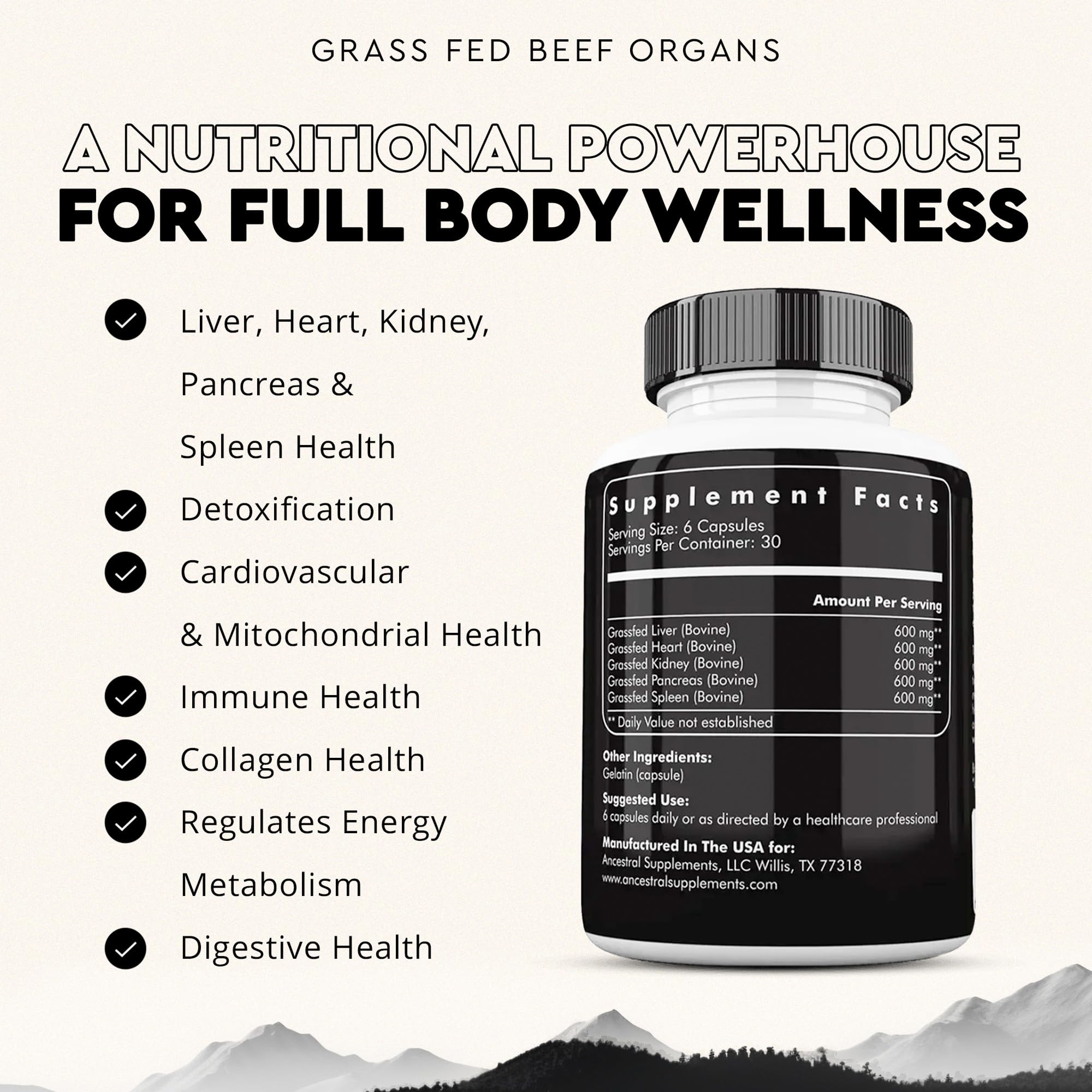 Ancestral Supplements grass-fed liver capsules close-up highlighting heme iron and B12
