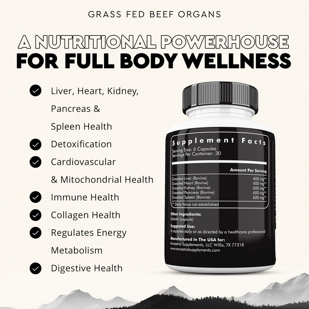 Ancestral Supplements grass-fed liver capsules close-up highlighting heme iron and B12