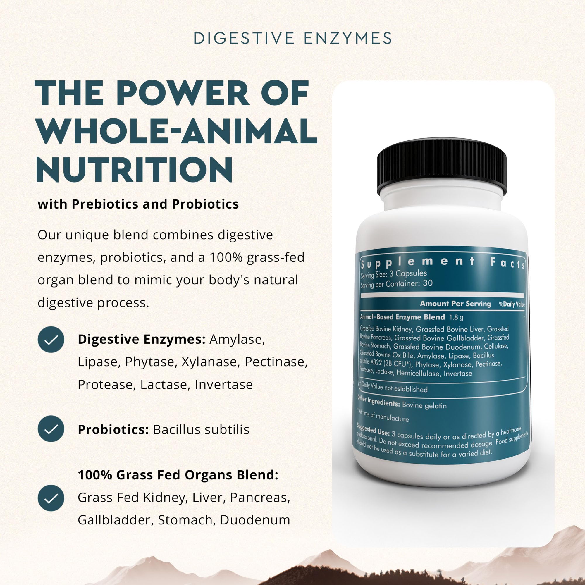 Ancestral Supplements grass-fed organ blend highlights nutrient-rich formula for gut support.