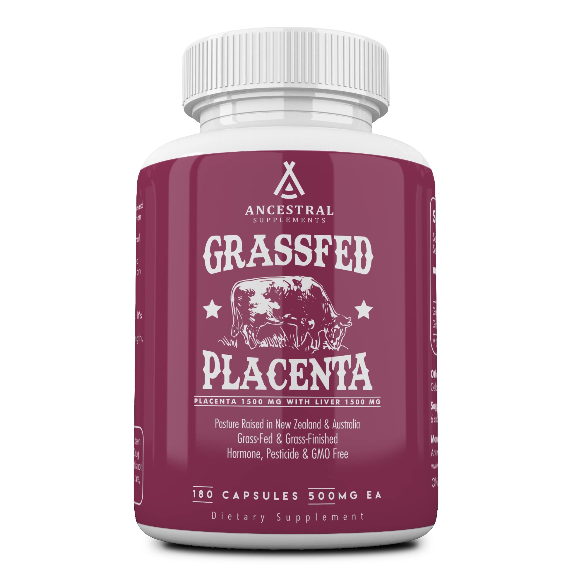 Ancestral Supplements grass-fed placenta and liver capsules bottle; postpartum energy and mood support