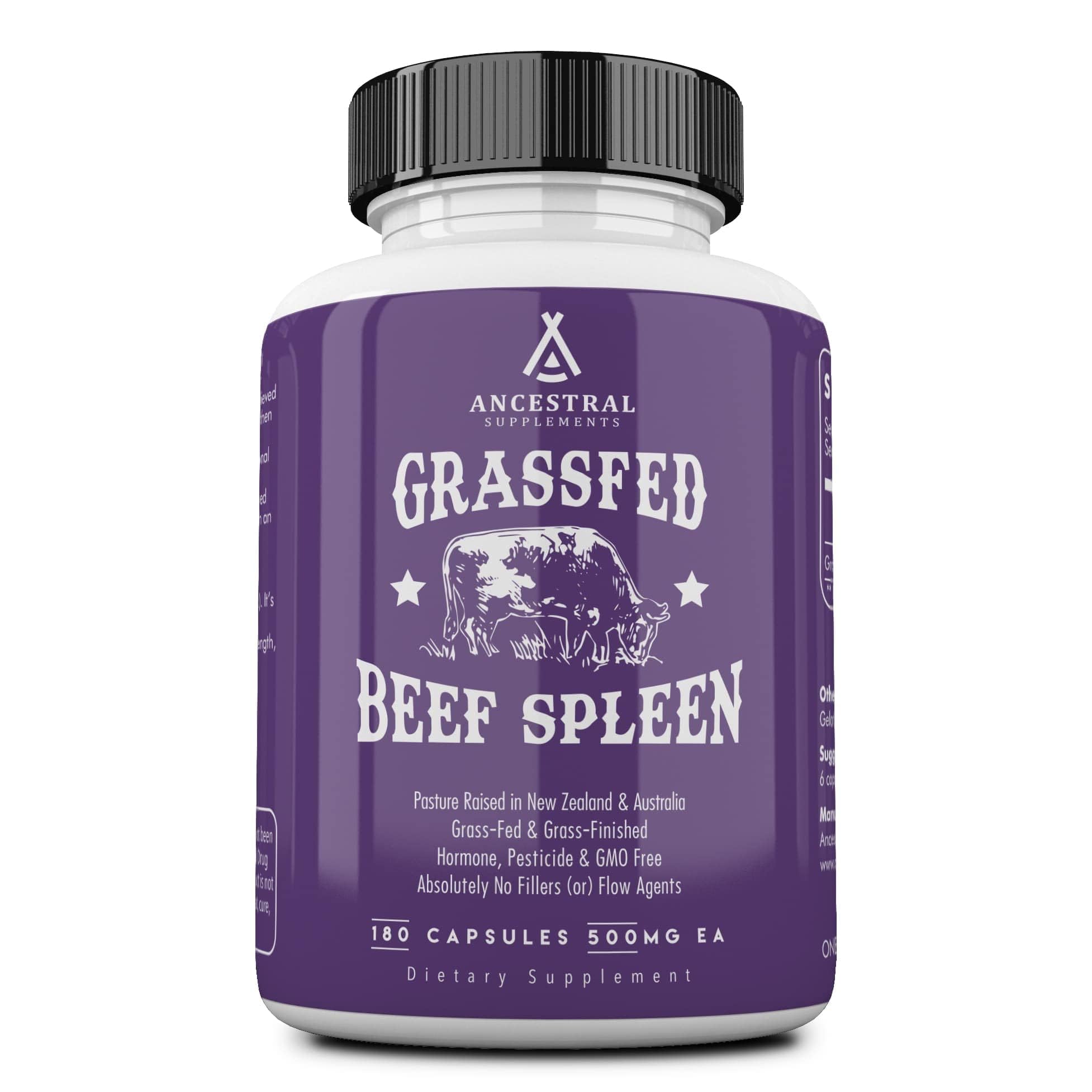 Ancestral Supplements Grass-Fed Beef Spleen bottle on table may support immune health and energy