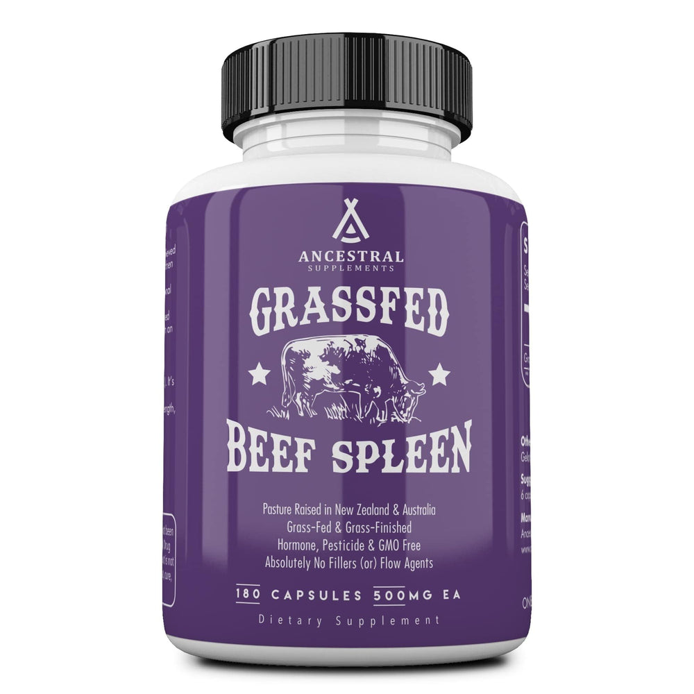 Ancestral Supplements Grass-Fed Beef Spleen bottle on table may support immune health and energy