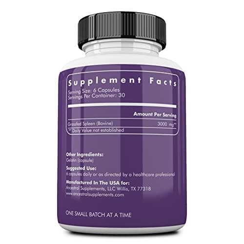 Close-up of Ancestral Supplements Grass-Fed Spleen capsules highlighting daily use and immune support