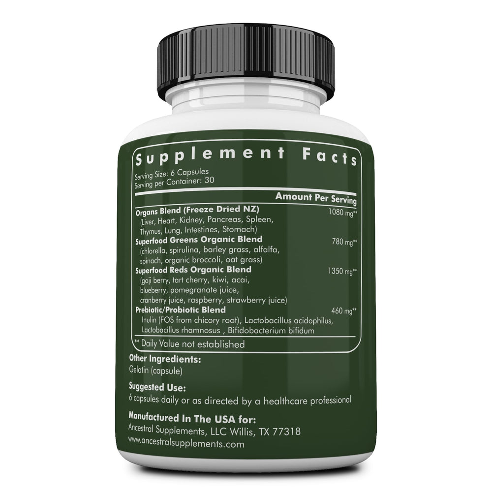 Ancestral Supplements greens and reds blend ingredients close up showing spirulina and goji for energy.
