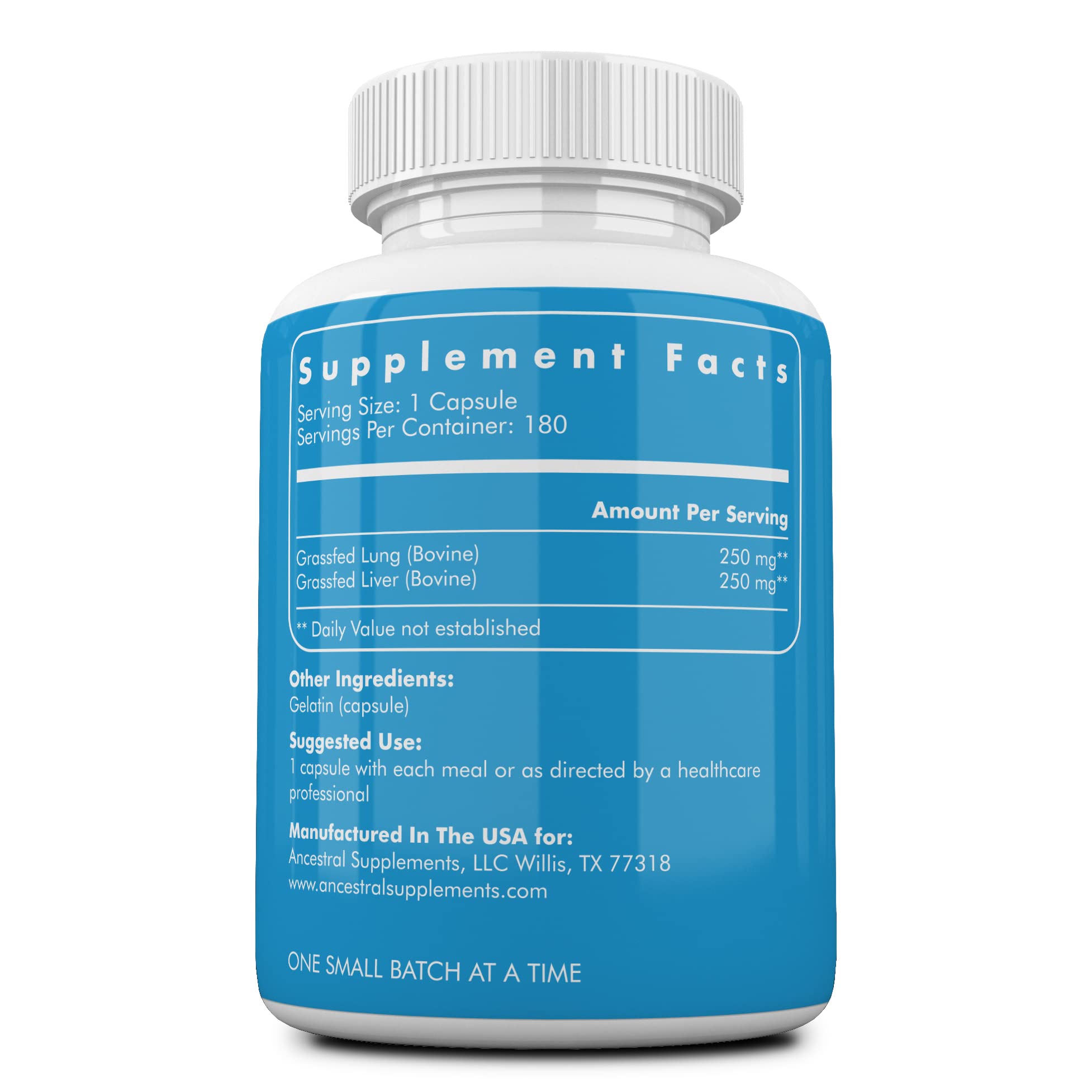 Ancestral Supplements beef lung-liver capsules close-up for respiratory wellness.