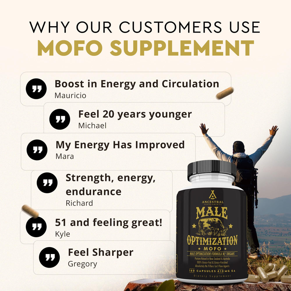 Ancestral Supplements Mofo packaging scene signaling clean, additive-free composition