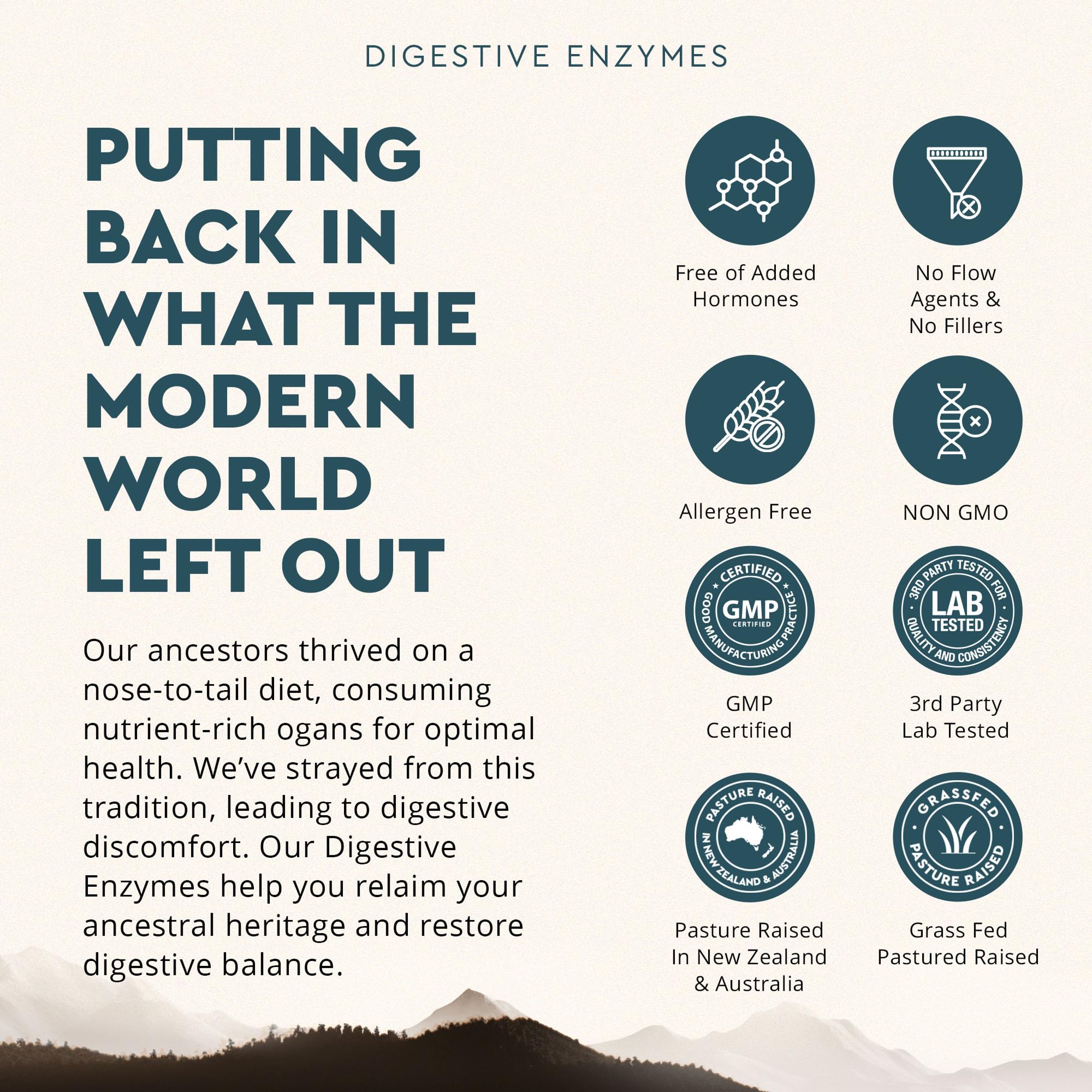 Ancestral Supplements non-GMO clean-label packaging signals quality and safety.