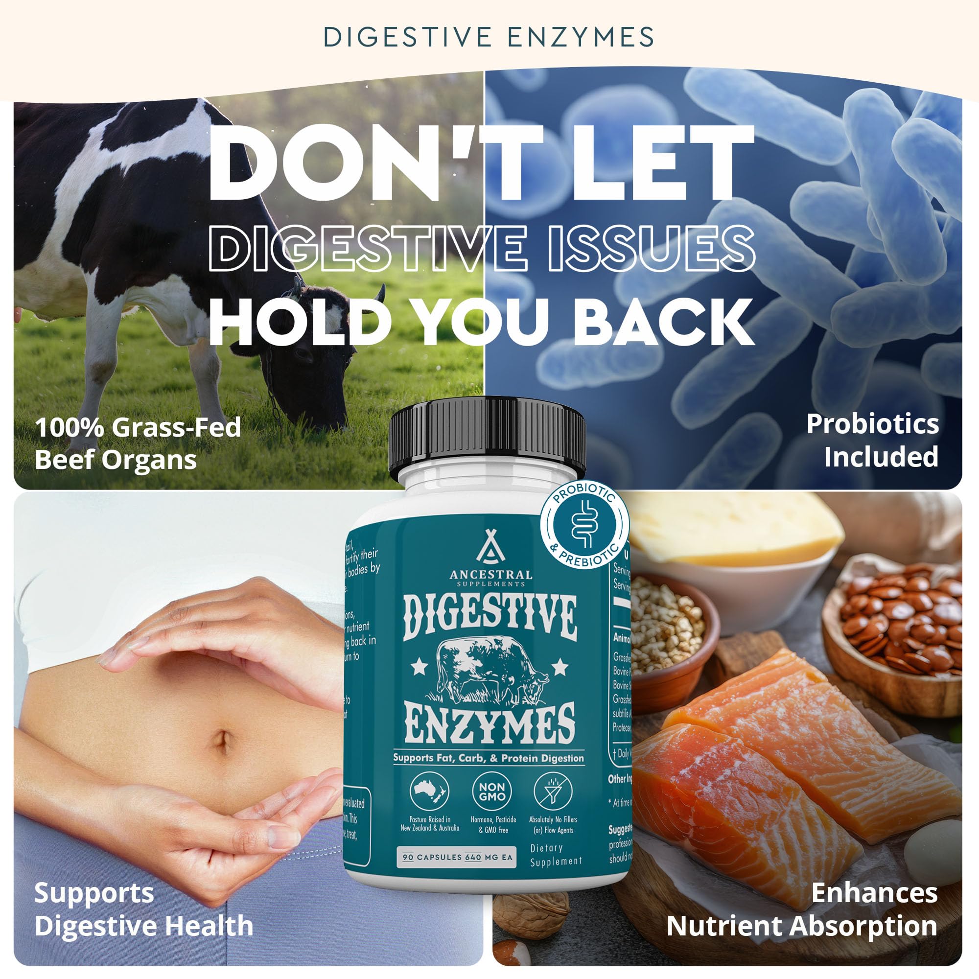 Ancestral Supplements Bacillus subtilis probiotic image emphasizes gut flora balance.