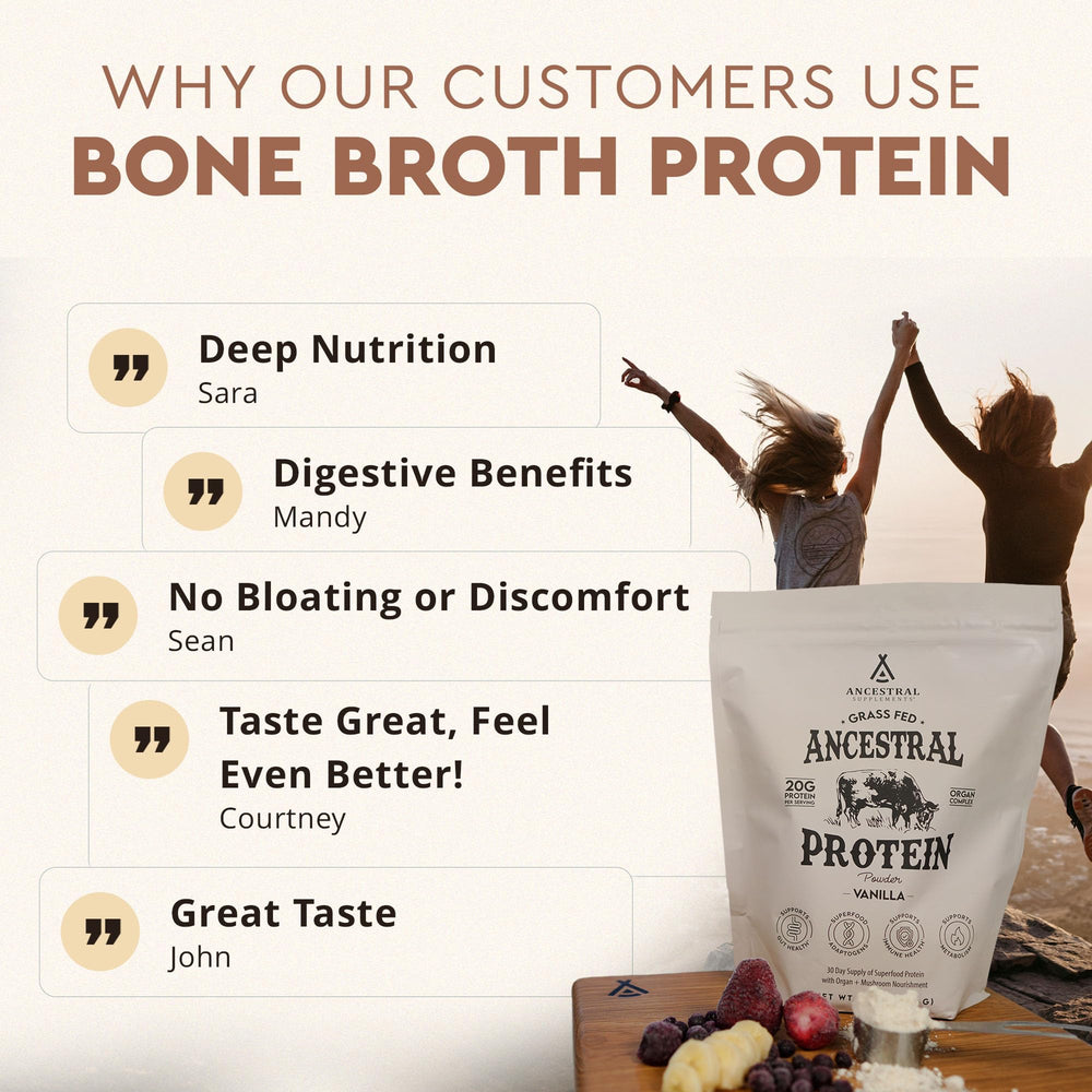 Ancestral Supplements serving idea with glass shows convenient protein boost.