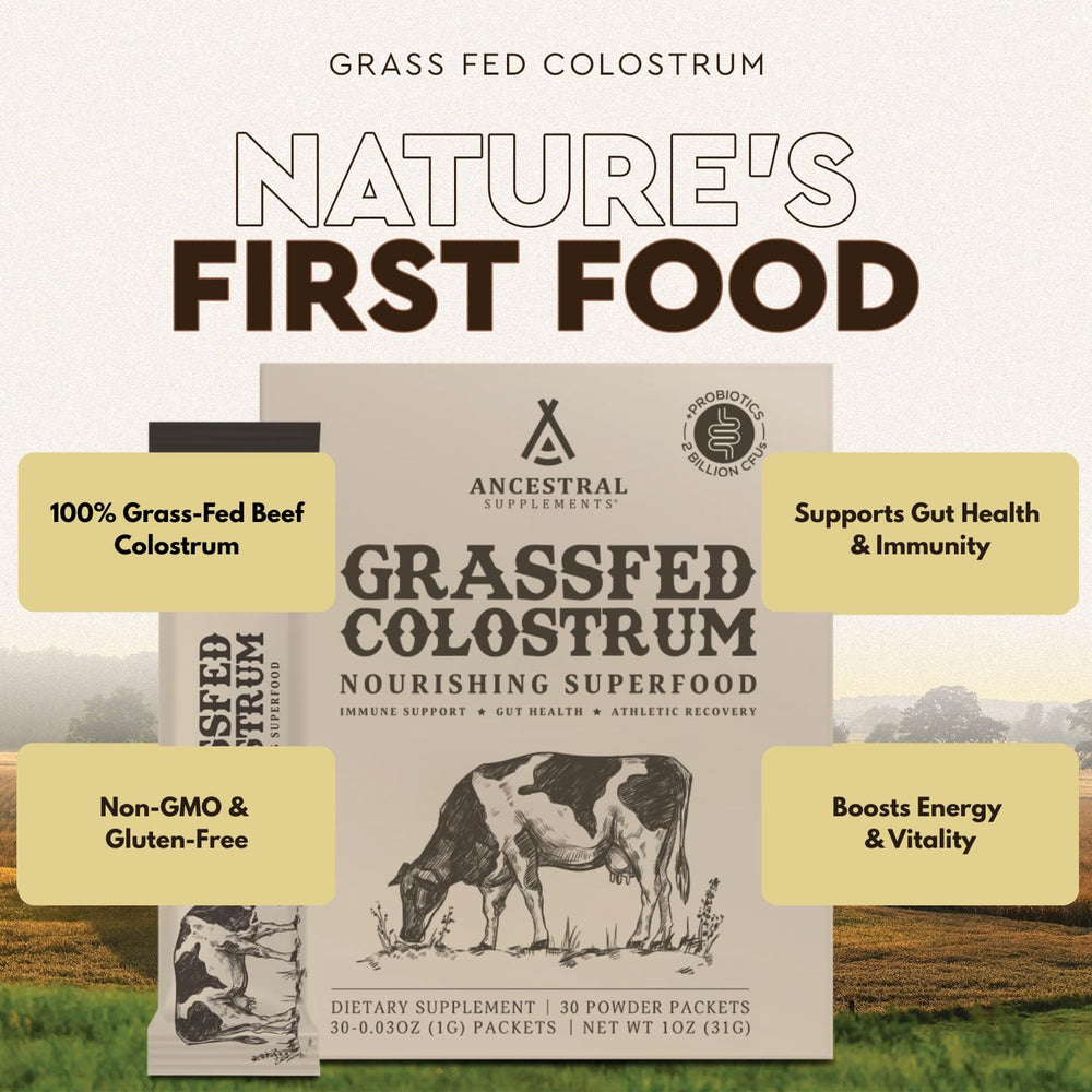 Ancestral Supplements unflavored colostrum packets ready to mix.