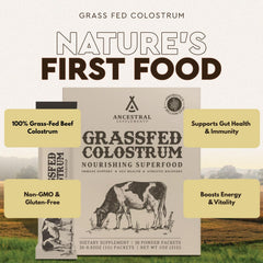 Ancestral Supplements unflavored colostrum packets ready to mix.