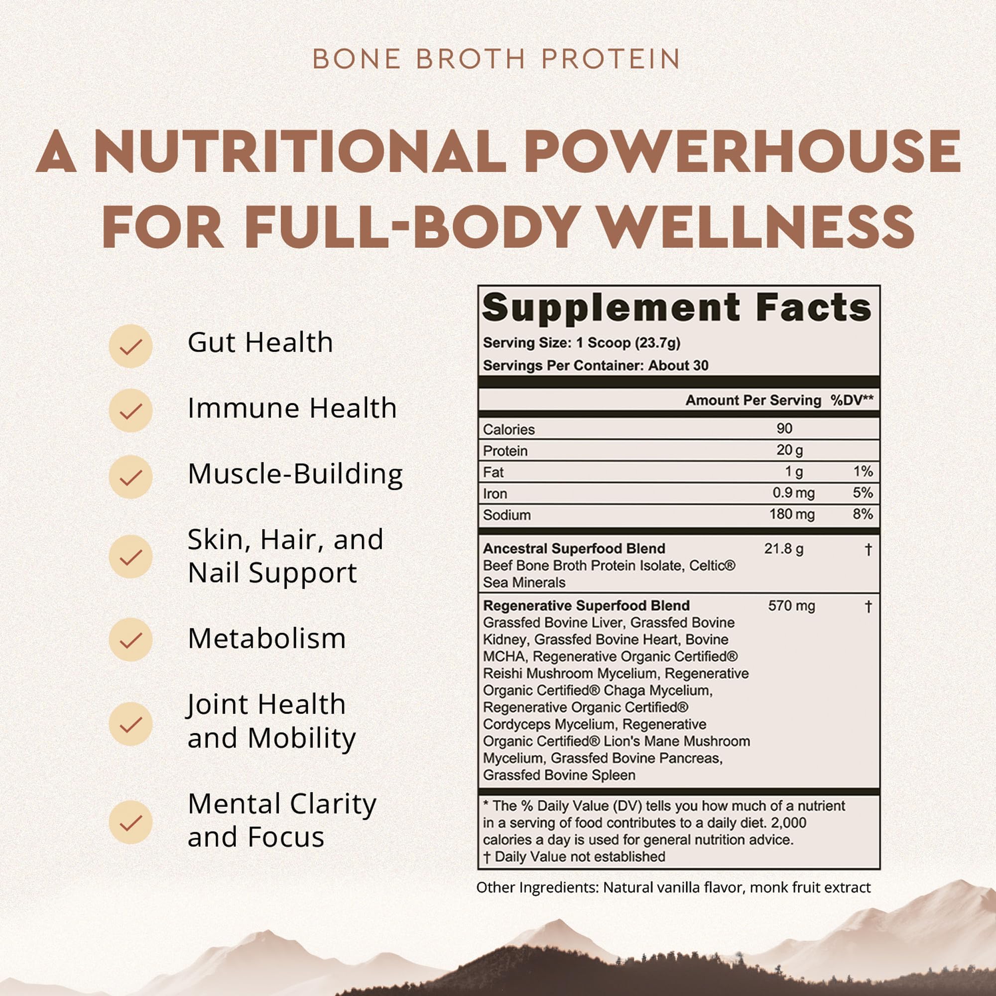 Ancestral Supplements protein scoop shows 20g protein per serving for workouts.