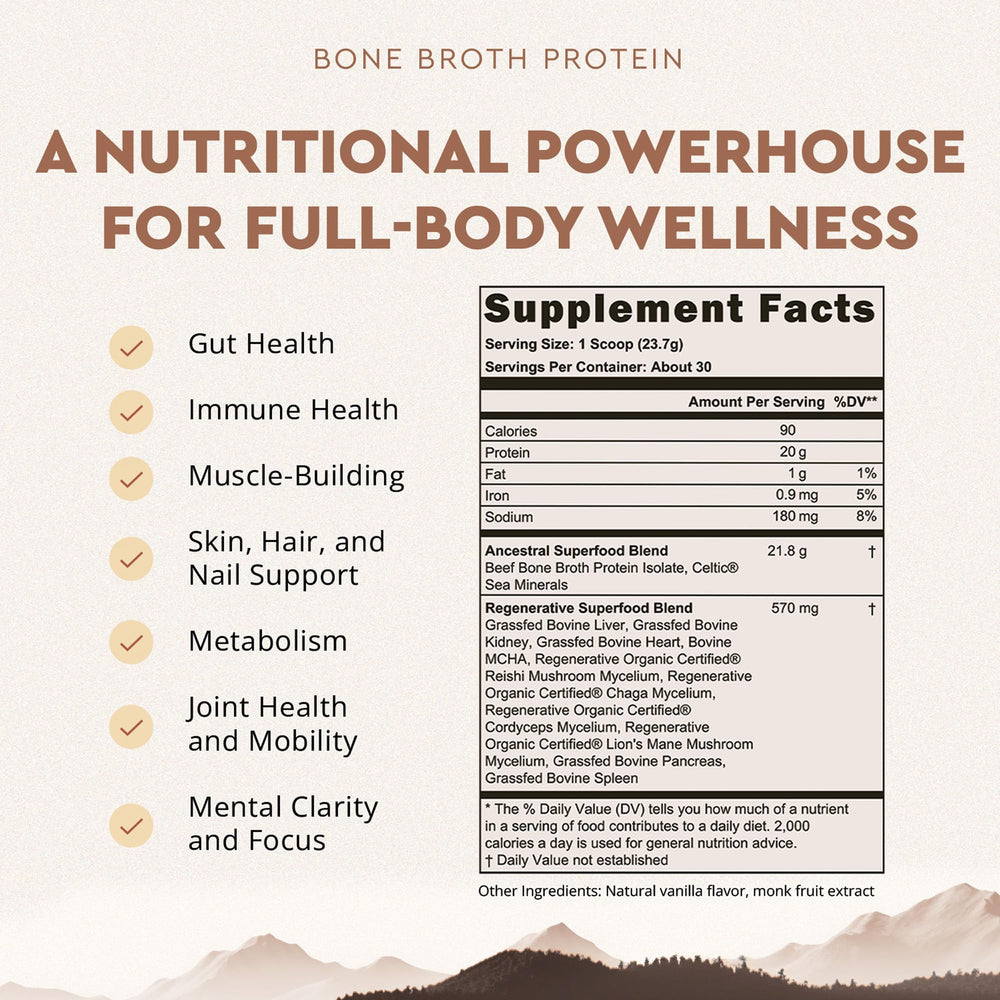 Ancestral Supplements protein scoop shows 20g protein per serving for workouts.