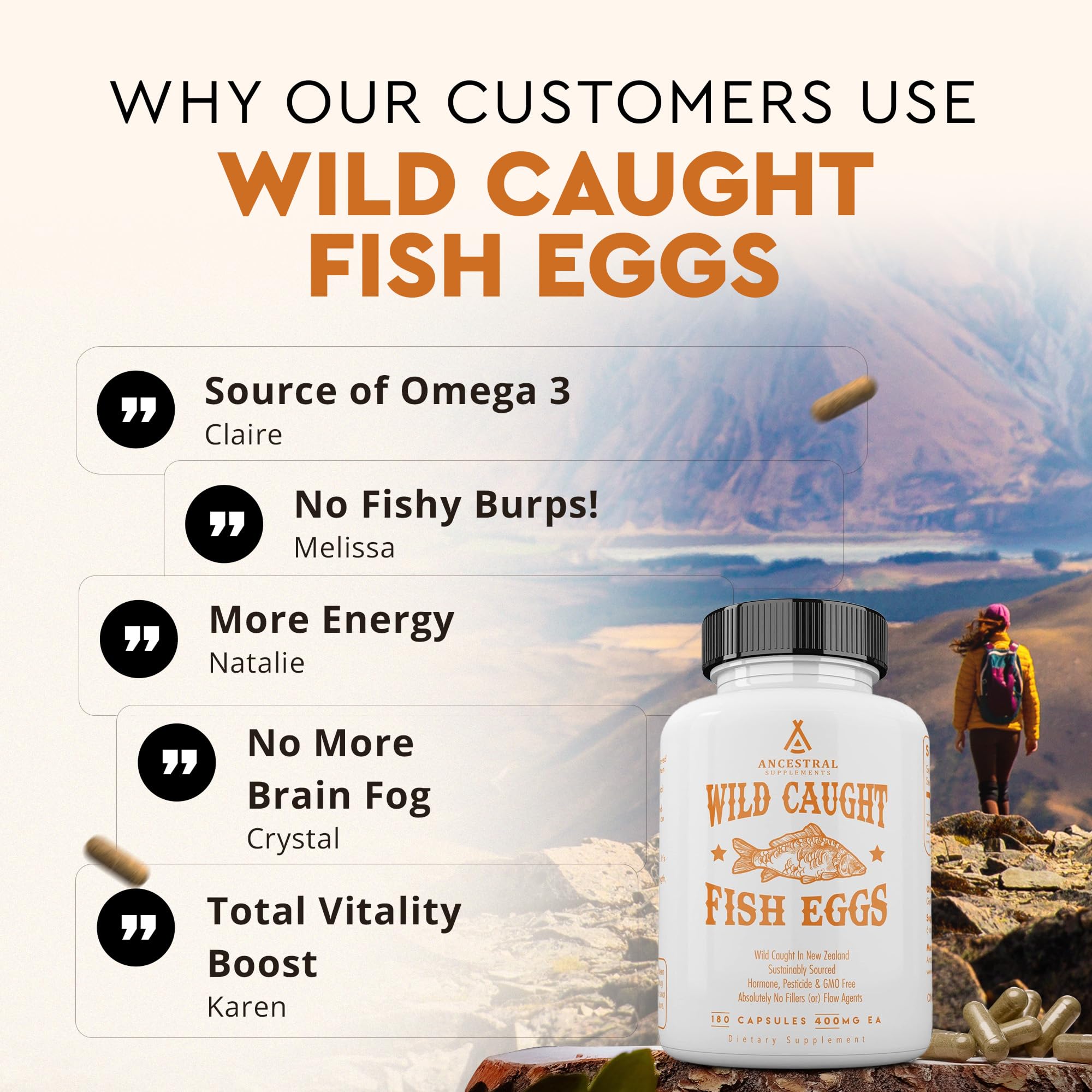 Ancestral Supplements Wild Caught Fish Eggs capsules arranged for daily use