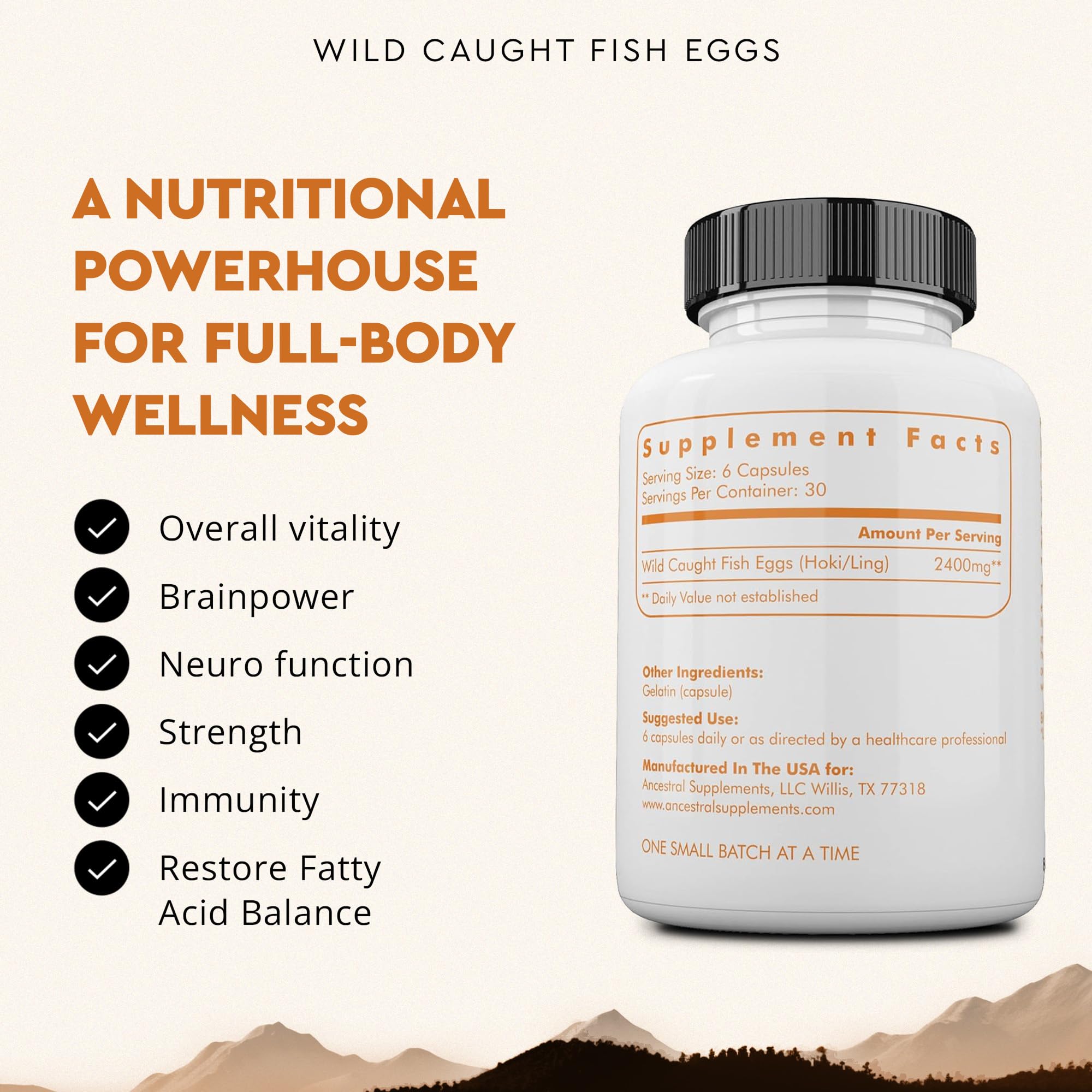 Ancestral Supplements fish eggs label closeup highlighting nutrients and clean sourcing