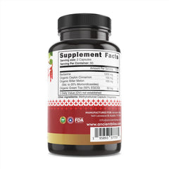Ancient Bliss cinnamon capsules highlight organic spice inclusion.