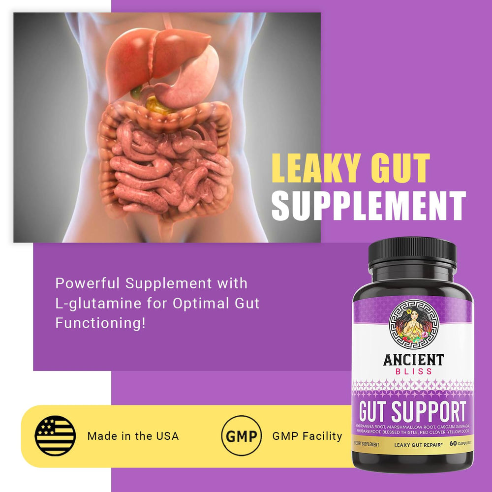 Ancient Bliss L-Glutamine capsules close-up highlighting vegan formula for digestion