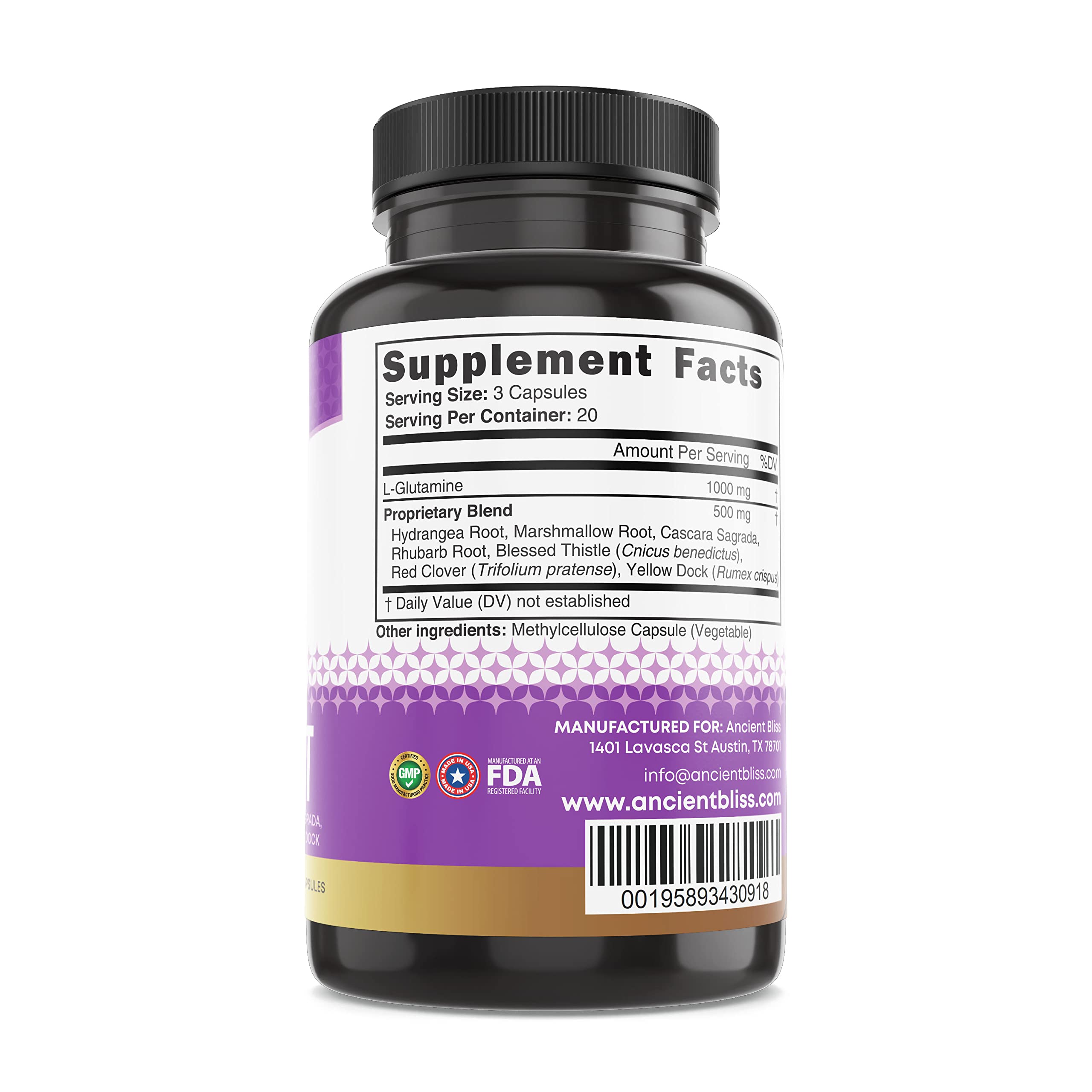 Ancient Bliss label detail highlighting gluten-free and plant-based blend