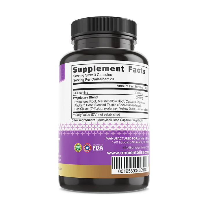 Ancient Bliss label detail highlighting gluten-free and plant-based blend