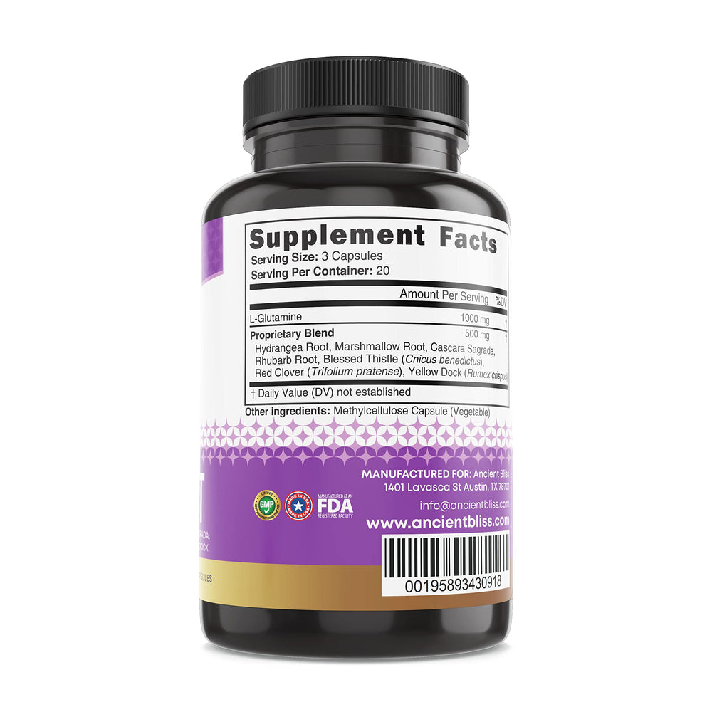 Ancient Bliss label detail highlighting gluten-free and plant-based blend
