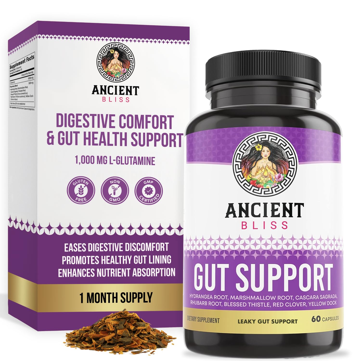 Ancient Bliss leaky gut supplement bottle front view for daily gut support