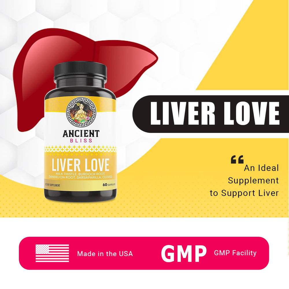 Ancient Bliss Liver Love bottle back label with dosage information for daily liver support